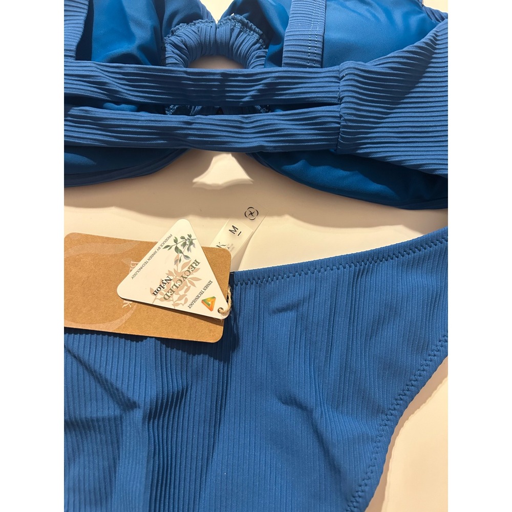 Berlook Blue Ribbed O-Ring Bikini Set NWT Swimwear Medium Coastal Resort - Picture 4 of 6